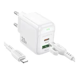 Зарядний комплект Borofone BAS44A 1Type-C /1USB PD/QC 20W 5V/3A Type-C to Lightning 1 м White (35138_3345029) - мініатюра 3