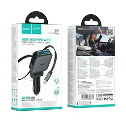 АЗП Hoco Z67 Triunfar PD60W(1C1A)+Type-C car charger with telescopic cable Black - мініатюра 2
