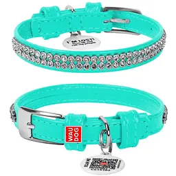 Нашийник для собак Waudog Glamour, шкіряний, зі стразами, з QR паспортом, XS, 19-25х0,9 см, ментоловий - мініатюра 3