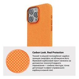 Карбоновый чехол для Apple iPhone 16 Pro, LikeCarbon2 MagCase, оранжевый, тонкий защитный чехол-панель из поликарбоната с магнитами N52, MagSafe, противоударный, совместим с беспроводной зарядкой, приподнятые края для защиты камеры - мініатюра 7