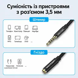 Аудіокабель-подовжувач Vention 5 м від штекера TRRS 3,5 мм до гнізда TRRS 3,5 мм з бавовняним обплетенням підходить для використання з телефоном у чохлі та підтримує мікрофон і керування на дроті за умови сумісності TRRS-роз’ємів на пристрої та гарнітурі чорний із золотистими контактами (BHCBJ) - мініатюра 8