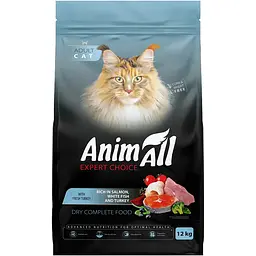Повнораціонний сухий корм для котів AnimAll з лососем, білою рибою та свіжою індичкою 12 кг