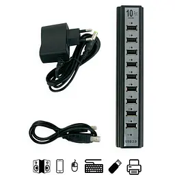 Розгалужувач USB на 10 портів, чорний, настільний концентратор з блоком живлення - мініатюра 2