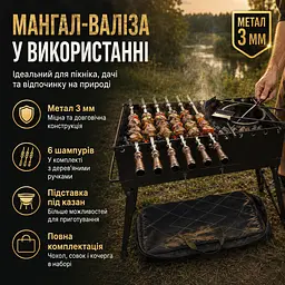 Мангал-валіза 3 мм з 6 шампурами, підставкою під казан, чохлом, кочергою та совком 60×30×47 см - мініатюра 5