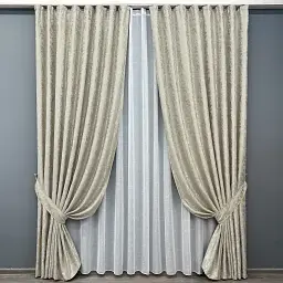 Комплект штор с тюлем VR-Textil Лен Мрамор, теплый бежевый с белым, 2 шторы 100×270 см + тюль 300×270 см, арт. 71-127/1
