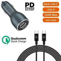 Автомобільний зарядний пристрій 120W, 2 Type-C Power Delivery (PD), USB-A Quick Charge (QC3.0) + Кабель USB-C to USB-C 1m