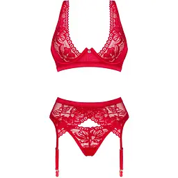 Комплект білизни Obsessive Lacelove cupless 3-pcs set M/L Red, бюстгальтер, стрінги, пояс для панчіх - мініатюра 3