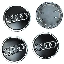 Ковпачки на литі диски для Audi 69х57 мм об'ємний логотип з кільцем Чорні 4 шт