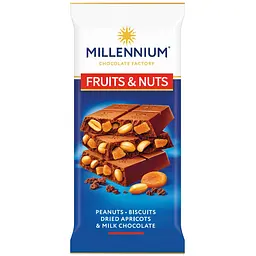 Шоколад Millennium Fruits&Nuts молочний з арахісом, бісквітом, курагою та мигдалем 90г