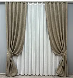 Комплект штор с тюлем VR-Textil Лен Мешковина, какао с белым, 2 шторы 100×270 см + тюль 300×270 см, арт. 71-023/1