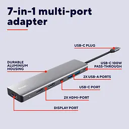 USB-Хаб Trust Dalyx 7in1 USB-C 2xUSB-А 3.2/2xUSB-С/2xHDMI/Display Port, Алюміній, 0.16м, Сірий (25661_TRUST) - мініатюра 9