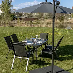Комплект садових меблів 4Points Riviera-6 з прямокутним столом 150х90х70см з чорною скляною стільницею і сірим каркасом + 6 стільців з сірим каркасом