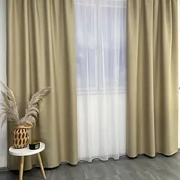 Льняні блекаут штори золотистого кольору 2шт. 150х270 з білим шифоновим тюлем 400х270, на тасьмі ALBO pbe0052633 - мініатюра 6