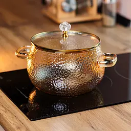 Каструля скляна Yiwu HP-34-104 2.5 л, 16 см, жароміцна для плити, боросилікатне скло, бежева - мініатюра 2