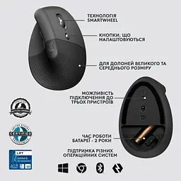 Мишка Logitech Lift Vertical Ergonomic Wireless/Bluetooth for Business Graphite (910-006494) - мініатюра 6