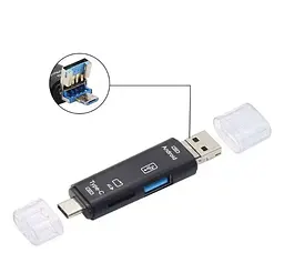 Багатофункціональний адаптер хаб кардрідер 5в1 Type-C Android USB 2.0 Black  - мініатюра 4