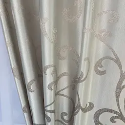 Жакардові штори "вензель" бежевого кольору 2шт. 150х270 з білим шифоновим тюлем 400х270, на тасьмі ALBO pbe0052764 - мініатюра 3