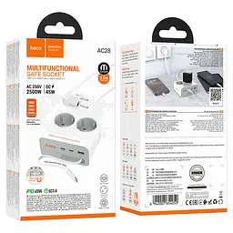 Мережевий фільтр HOCO AC28A на 2 розетки + 1 USB + 3 USB-C, 45W, 220В, кабель 2м, White, Box - мініатюра 6