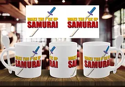 Чашка "WAKE THE F*CK SAMURAI" 330 мл Белая с ложкой