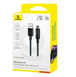 Кабель Baseus Lit Button-Control Fast Charging Data Cable USB-A to iP 2.4A 1m Black - мініатюра 2