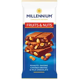 Шоколад Millennium Fruits&Nuts молочний з арахісом, цукатами, родзинками та мигдалем 90г