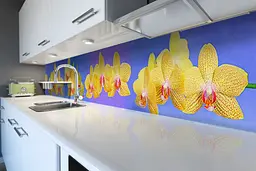 Кухонний фартух Жовті Тигрові Орхідеї наклейка ПВХ квіти на блакитному тлі 60х200 см Happy Pocket Z180554