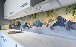 Вініловий кухонний фартух Гори в хмарах наклейка для кухні ПВХ скелі Природа Бежевий Happy Pocket Z181750