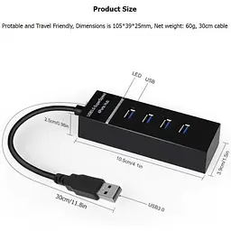 Розгалужувач Hub USB 3.0 на 4 порти 30 см Чорний - мініатюра 4