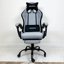 Геймерське крісло DEXON ORION X з підставкою для ніг, з тканини+подушки велюр, металева хрестовина, Сірий - мініатюра 3