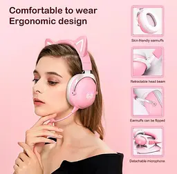 Навушники Onikuma Bluetooth Gaming CAT with LED B100 (B20), BT5.0, AUX, 1000mAh, 15-22h, pink - мініатюра 4