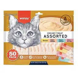 Wanpy Creamy Treat Assorted ВАНПІ МІКС ЛАСОЩІВ рідкі ласощі для котів, набір 50 шт по 14г