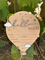 Метрика для новонародженого «Hello World» з даними малюка, дерев’яна повітряна кулька