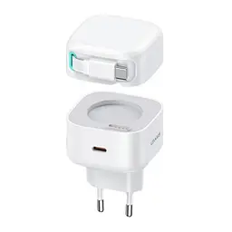 Мережевий зарядний пристрій Usams US-CC202 PD35W Dual 2C Output GaN Fast Charger With Type-C Magnetic Retractable Cable Module (EU) Білий