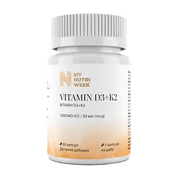 Вітамін D3+K2, Vitamin D3+K2, 1000 МО/50 мкг, 60 капсул My Nutri Week vit0003252
