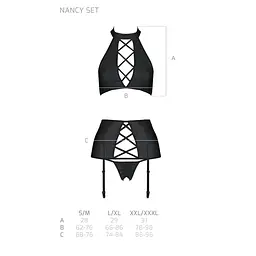 Комплект з еко-шкіри з імітацією шнурівки Passion NANCY SET L/XL black топ, трусики, пояс для панчіх - мініатюра 5