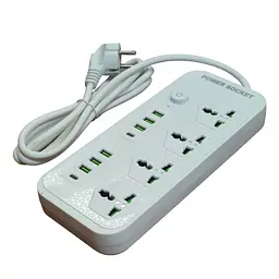 Мережевий фільтр подовжувач 2 метри на 3 розетки, 6 USB 3.4A, 2 Type-C з вимикачем та заземленням 3000Вт 16А Power Socket J08 білий - мініатюра 2