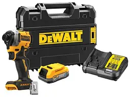 DeWALT Шурупокрут ударний аккумуляторний XR Li-Ion 18В безщітковий PowerStack 1х1.7А·рік 206 Нм 3250об·хв 3800уд/хв кейс і ЗП 0.95кг