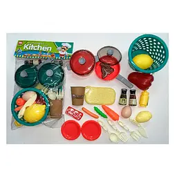 Ігровий набір посуду з каструлею сковорідкою тарілками та продуктами у пакеті (0014-10)