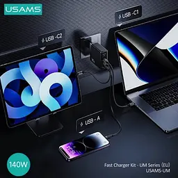 Зарядний пристрій адаптер живлення Usams T52 US-UM Fast Charger Kit GaN US-CC168 140W - мініатюра 5