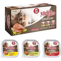 Набір вологого корму Мікс для котів Migliorgatto Sterilized курка, прошуто 2 шт. + курка, ягня 2 шт. + яловичина 2 шт. 600 г (6 шт. x 100 г) - мініатюра 2