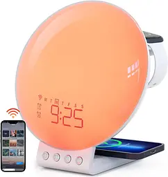 Розумний будильник Dekala Sunrise з бездротовою зарядкою для iPhone 14 12 Apple Watch AirPods Samsung, White Noise Sleep Sounds M