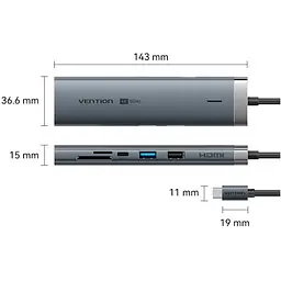 Док-станція USB3.2 Type-C --> HDMI 60Hz/USB 3.0x2/RJ45/SD/TF/3.5mm/PD 100W Hub 9-in-1 Vention - мініатюра 2