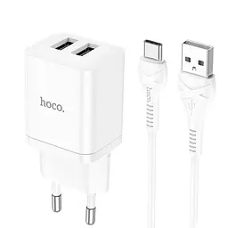 Адаптер мережевий HOCO Type-C Cable Maker dual port charger set N25 набір чорний 2USB - мініатюра 10