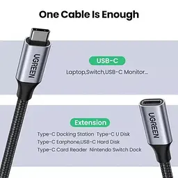 Кабель подовжувач USB Type C 3.1 Gen 2 UGREEN US372 4K/60HZ 10GBPS 5A 100W 1 м Gray (30205) - мініатюра 2