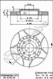 Диск гальмівний передній вентильований Opel Calibra A, Astra F 81-17р Brembo (09.5148.76) - мініатюра 2