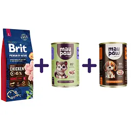 Набір: сухий корм для собак великих порід Brit Premium Dog Adult L з куркою 15 кг + корм для дорослих собак MAU PAW Шматочки в соусі з птицею 415 г + корм для дорослих собак MAU PAW Шматочки в желе з індичкою та печінкою 415 г
