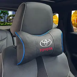 Подушка на підголівник з логотипом Toyota Екошкіра 3D Кольоровий лого Чорний-Синій кант 1 шт