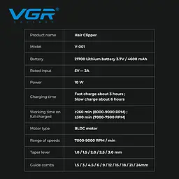 Машинка для стрижки VGR V-001 LED 4600 mAh 10 насадок Blue (2747658218) - мініатюра 8