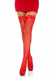 Панчохи Leg Avenue Fishnet Thigh Highs With Bow Red One size - мініатюра 3