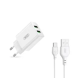 Мережевий зарядний пристрій XO L119 (EU) dual USB-A QC18W fast charging charger with TYPE-C cable Білий - мініатюра 3